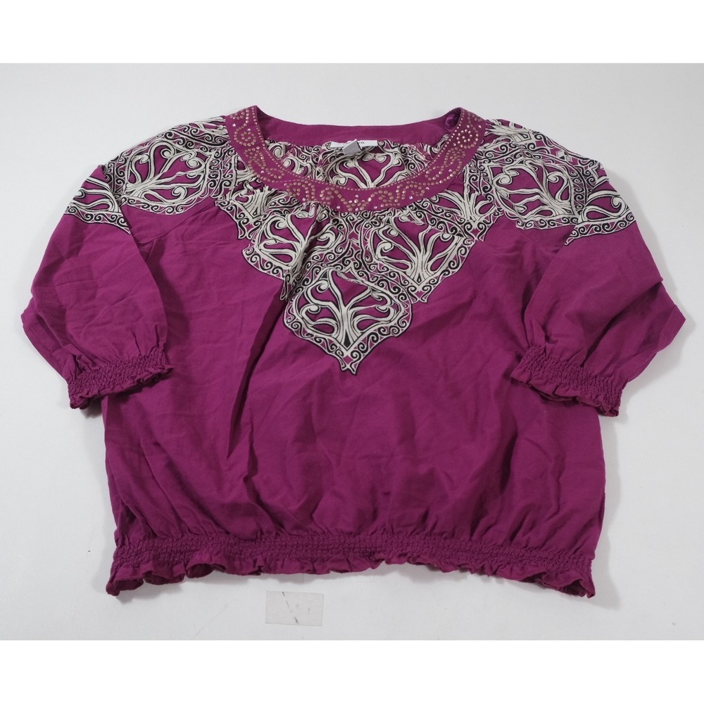 Style & Co Blouse Women 10 Magenta Scroll Embroidered Smocked‎ Hem Boho Top